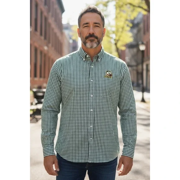 Antigua Oregon Ducks Men XL Ellis LS Woven Gingham Button Down Shirt Green White - Picture 1 of 11